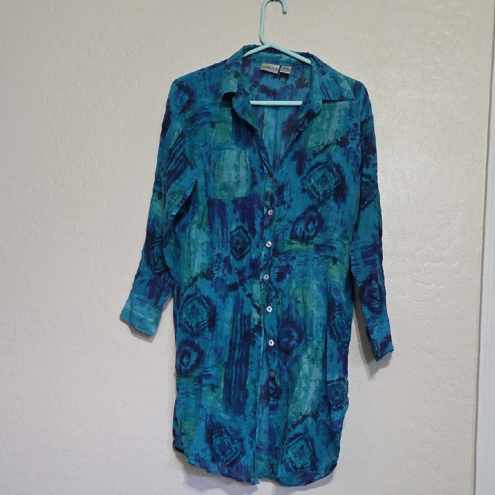 Chico's Teal & Turquoise Patterned Button-Front S… - image 1